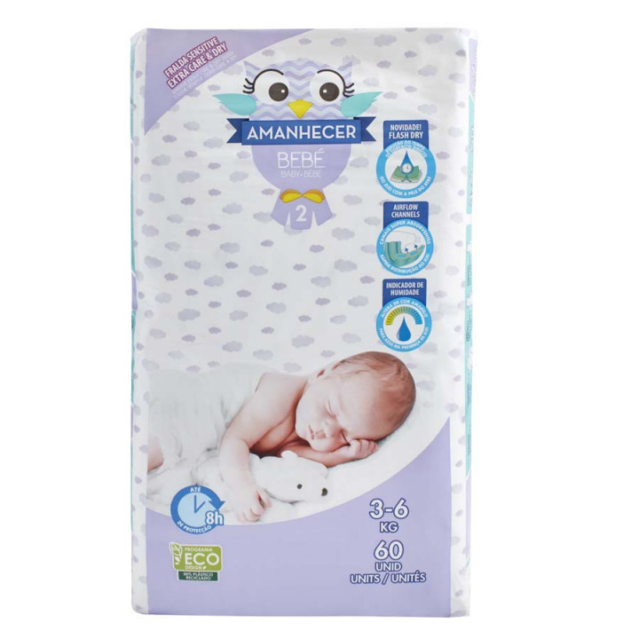 Fralda de Bebé Amanhecer Sensitive&Dry T2 3-6 Kgs - 60 Unidades