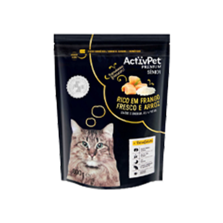 Ração Seca Premium para Gato Sénior ActivPet Frango e Arroz - 800 gr